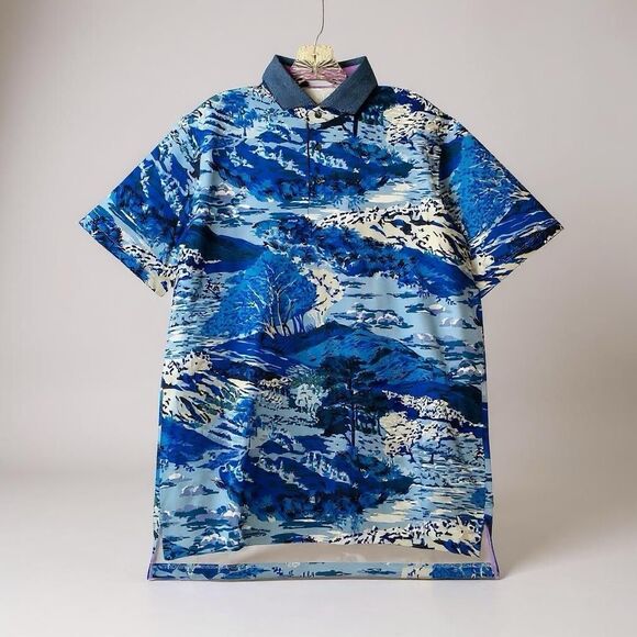 Greyson Polo Shirt Men L Blue Mountains Print Performance Golf Activewear Preppy - Picture 1 of 8